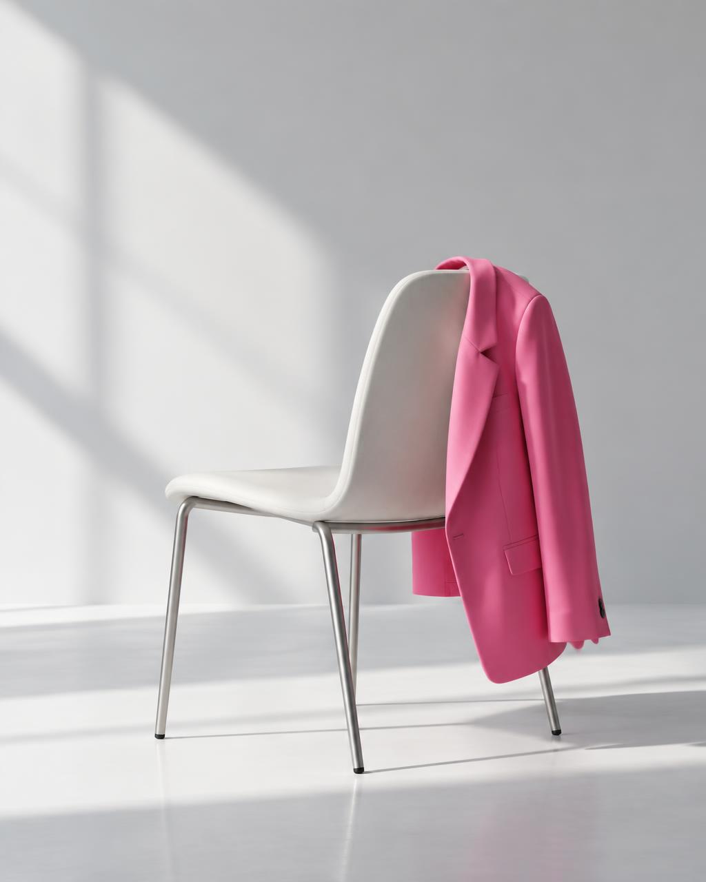 An empty white chair with Ashli's bright pink blazer draped over the back